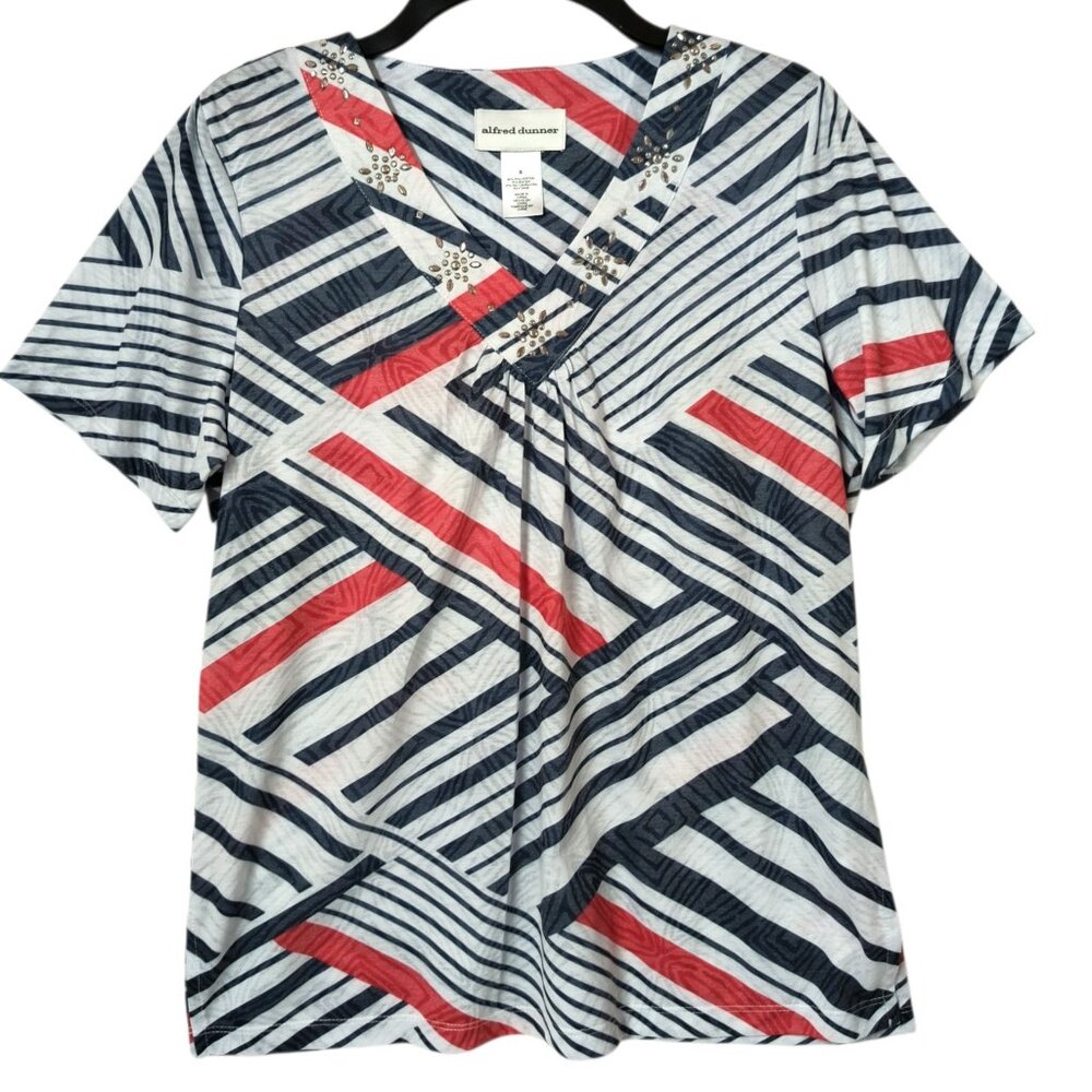 NWT Alfred Dunner Top Size Small V-Neck Embellished Red White Blue Short Sleeves